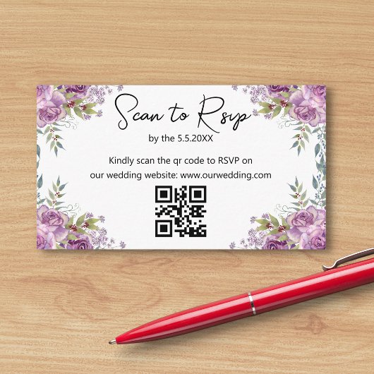 waterverf Bloemen paarse RSVP QR code bruiloft Informatiekaartje