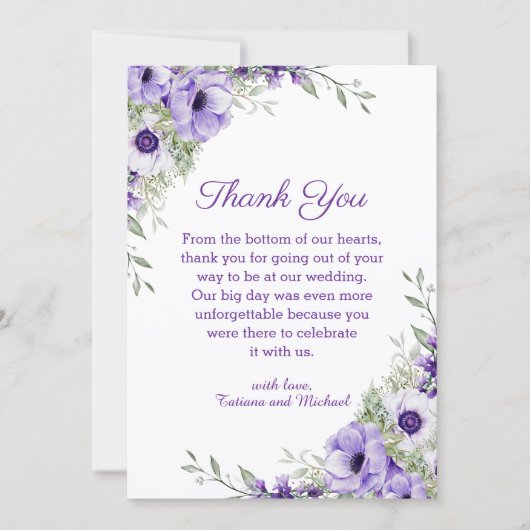 waterverf Bloemen paarse script bruiloft Dank u Notitiekaartje (Voorkant)
