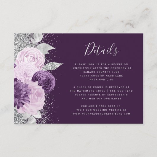 Waterverf Bloemen Paarse Zilveren Bruiloft Details Informatiekaartje (Voorkant)