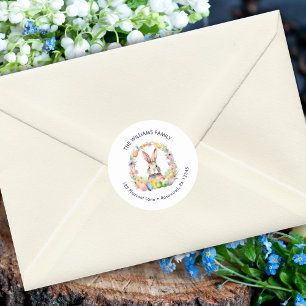 Waterverf Bloemen Paasei Konijntje Retouradres Ronde Sticker