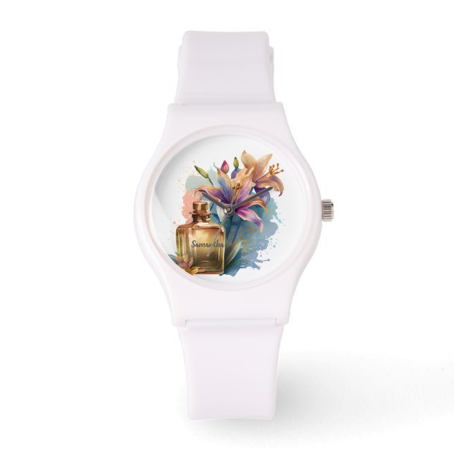 Waterverf Bloemen Parfumfles eWatch Horloge (Voorkant)