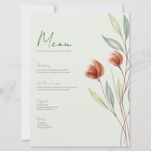 Waterverf Bloemen Pastel Groen Menu Kaart (Voorkant)