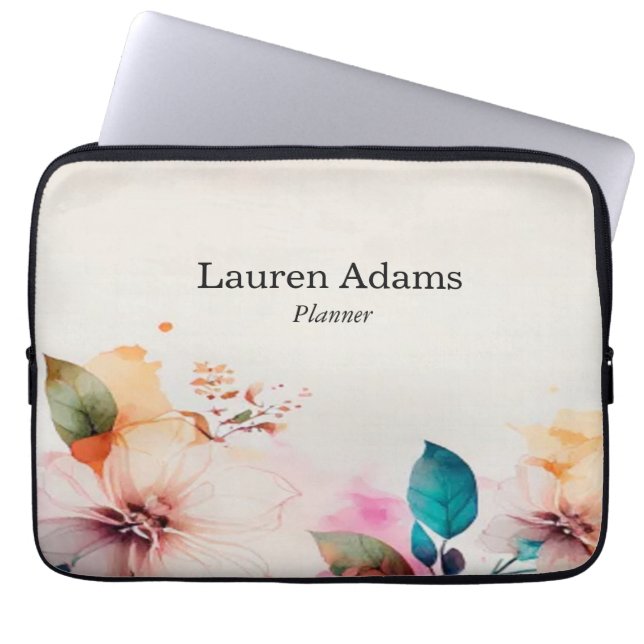 Waterverf bloemen pastelkleuren aangepaste naam laptop sleeve (Voorkant)