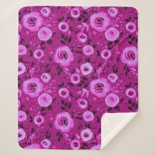 Waterverf Bloemen Patroon in Berry Magenta Sherpa Deken (Voorkant)