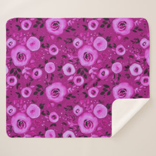 Waterverf Bloemen Patroon in Berry Magenta Sherpa Deken