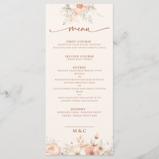 Waterverf Bloemen Peach Bruiloft Menu (Voorkant)