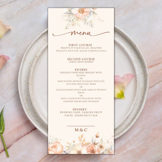 Waterverf Bloemen Peach Bruiloft Menu