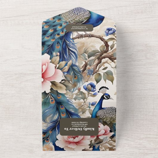 Waterverf Bloemen Peacock Chinoiserie Bruiloft All In One Uitnodiging (Buitenkant)