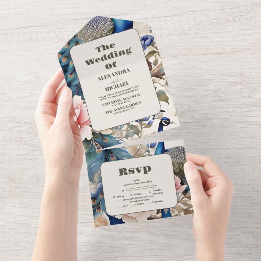 Waterverf Bloemen Peacock Chinoiserie Bruiloft All In One Uitnodiging (Afscheurbaar)
