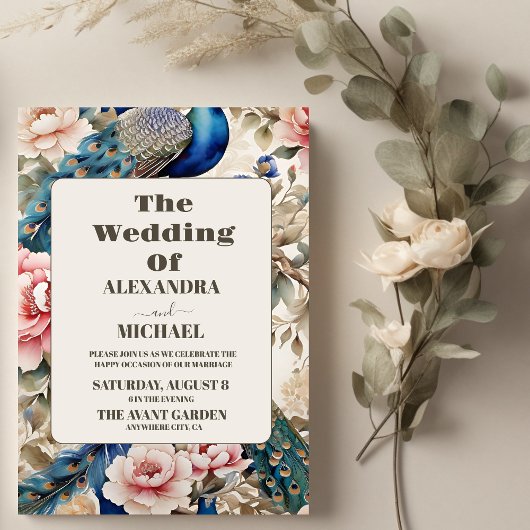 Waterverf Bloemen Peacock Chinoiserie Bruiloft Kaart