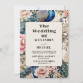 Waterverf Bloemen Peacock Chinoiserie Bruiloft Kaart (Voorkant)