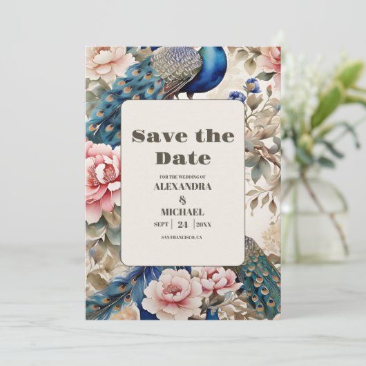 Waterverf Bloemen Peacock Chinoiserie Bruiloft Save The Date (Staand voorkant)