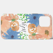 Waterverf Bloemen Perzik Blauw Monogram Case-Mate iPhone Case (Achterkant (horizontaal))