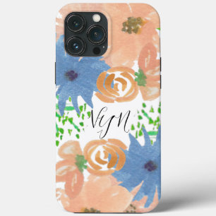 Waterverf Bloemen Perzik Blauw Monogram Case-Mate iPhone Case