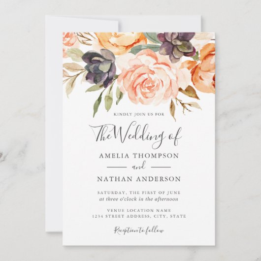 Waterverf Bloemen Perzik Huwelijksuitnodiging Kaart (Voorkant)
