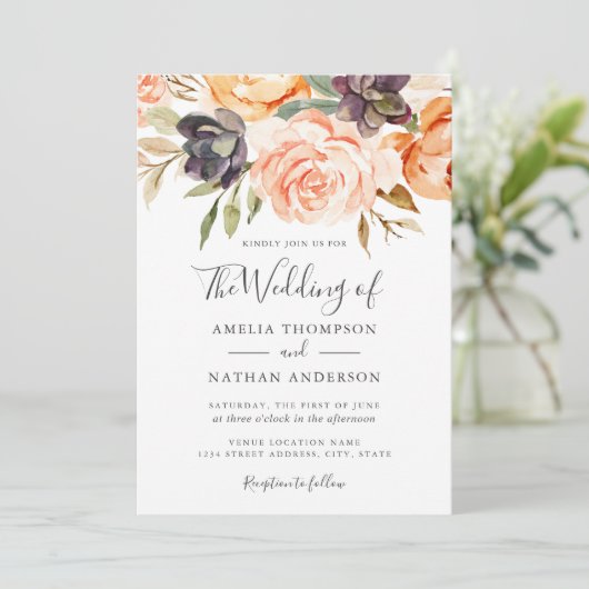Waterverf Bloemen Perzik Huwelijksuitnodiging Kaart (Staand voorkant)