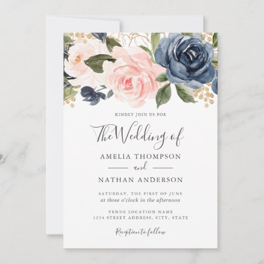 Waterverf Bloemen Perzik Navy huwelijksuitnodiging Kaart (Voorkant)