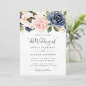 Waterverf Bloemen Perzik Navy huwelijksuitnodiging Kaart (Staand voorkant)