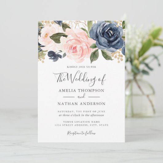 Waterverf Bloemen Perzik Navy huwelijksuitnodiging Kaart (Staand voorkant)