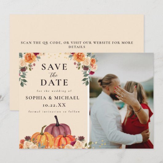 Waterverf Bloemen Pompoenen Foto Herfst Bruiloft Save The Date (Voorkant / Achterkant)