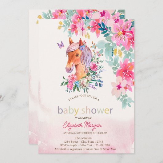 Waterverf Bloemen Pony Paard Baby shower Kaart (Voorkant / Achterkant)