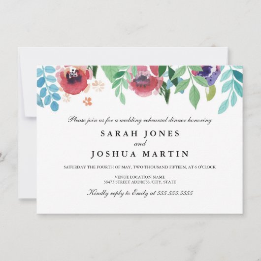  Waterverf Bloemen Repetitie Diner Uitnodigen Kaart (Voorkant)