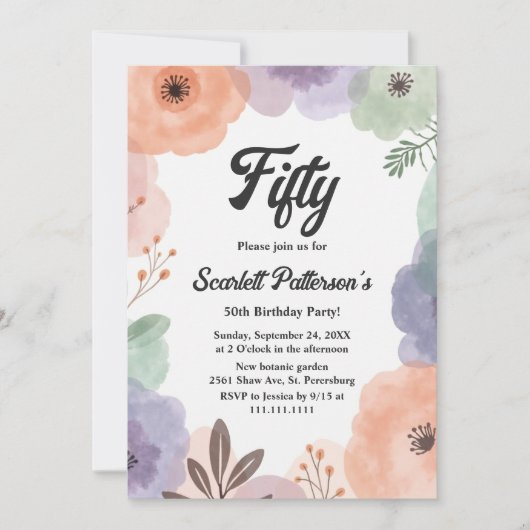 Waterverf Bloemen Romantisch Abstract 50ste Verjaa Kaart (Voorkant)