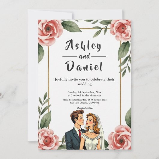 Waterverf Bloemen Romantische bruid en bruidegom b Kaart (Voorkant)