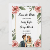 Waterverf Bloemen Romantische bruid en bruidegom b Save The Date (Voorkant)