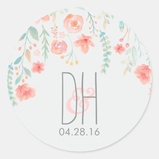 Waterverf Bloemen Romantische Bruiloft Ronde Sticker (Voorkant)