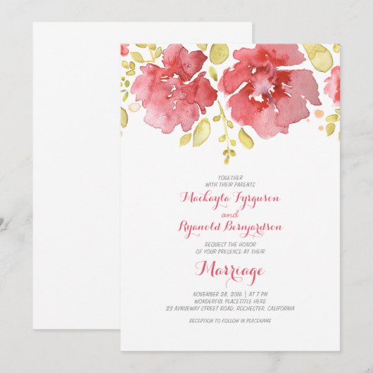 waterverf Bloemen Romantische huwelijksuitnodiging Kaart (Voorkant / Achterkant)