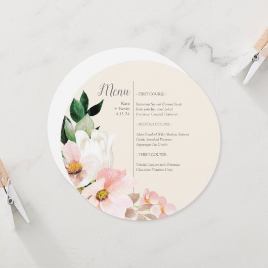 Waterverf Bloemen Ronde Menu Uitnodiging (Voorkant / Achterkant in situ)