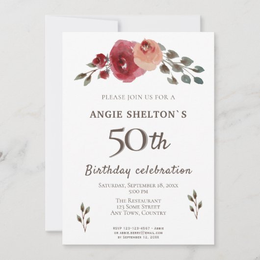 Waterverf Bloemen Roos Bloemen 50e Verjaardag Kaart (Voorkant)