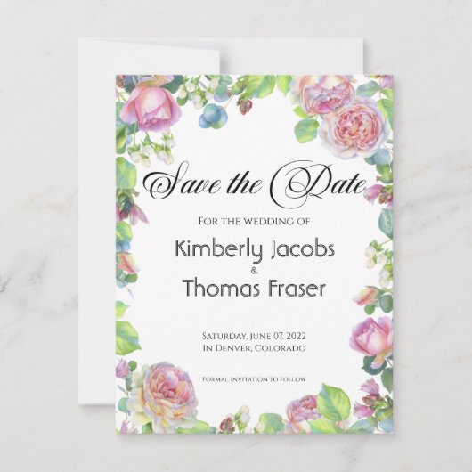 Waterverf bloemen roos bloemen sparen de datum save the date (Voorkant)