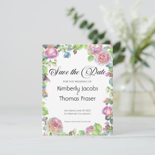 Waterverf bloemen roos bloemen sparen de datum save the date (Staand voorkant)