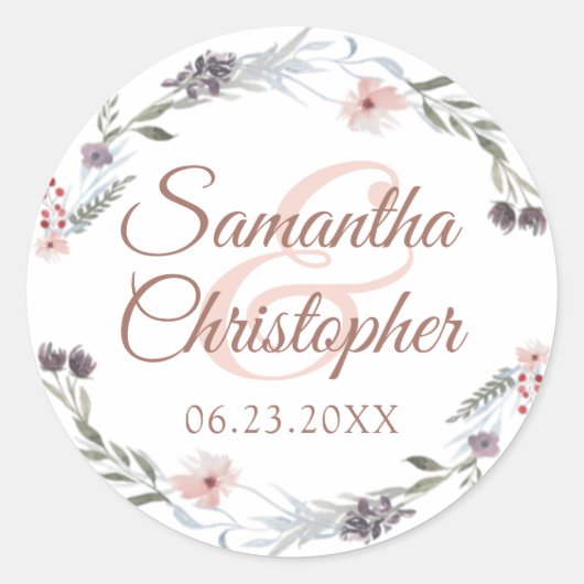 Waterverf Bloemen Roos Gouden Script Huwelijkszege Ronde Sticker (Voorkant)