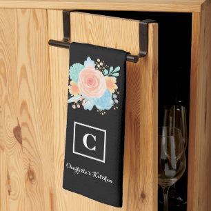 Waterverf Bloemen Roos Monogram Zwart Theedoek