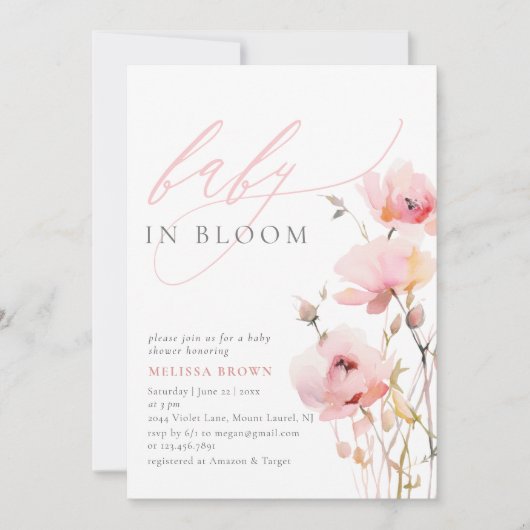 Waterverf Bloemen Roze Baby Meisje Baby shower Kaart (Voorkant)