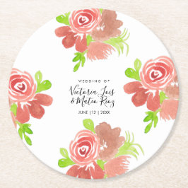 Waterverf Bloemen Roze Beige Blos Blad Bruiloft Ronde Kartonnen Onderzetter