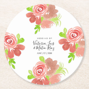 Waterverf Bloemen Roze Beige Blos Blad Bruiloft Ronde Kartonnen Onderzetter