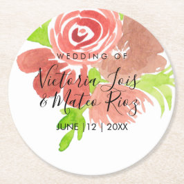 Waterverf Bloemen Roze Beige Blos Blad Bruiloft Ronde Kartonnen Onderzetter