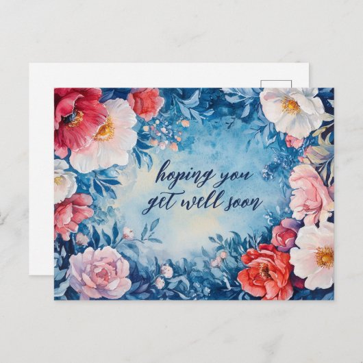 Waterverf Bloemen Roze Blauw GET WELL SOON CUSTOM Briefkaart (Voorkant / Achterkant)