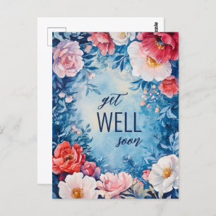 Waterverf Bloemen Roze Blauw GET WELL SOON CUSTOM Briefkaart