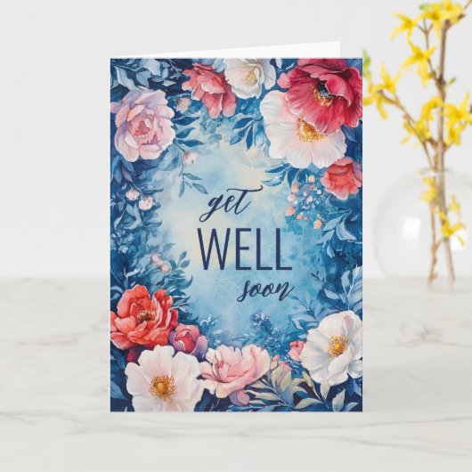 Waterverf Bloemen Roze Blauw GET WELL SOON CUSTOM Kaart (Gele Bloem)