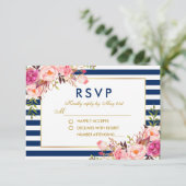 Waterverf Bloemen Roze Blauwe Strepen Bruiloft RSV RSVP Kaartje (Staand voorkant)