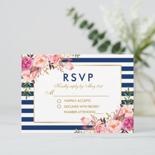 Waterverf Bloemen Roze Blauwe Strepen Bruiloft RSV RSVP Kaartje (Staand voorkant)