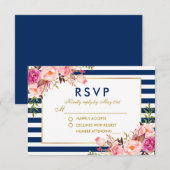 Waterverf Bloemen Roze Blauwe Strepen Bruiloft RSV RSVP Kaartje (Voorkant / Achterkant)