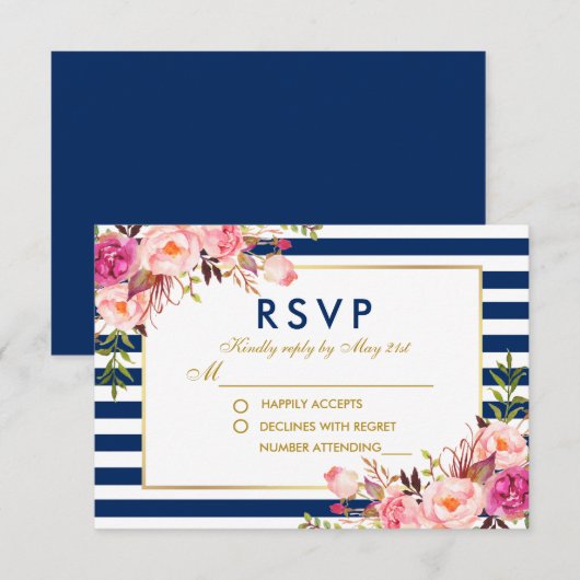 Waterverf Bloemen Roze Blauwe Strepen Bruiloft RSV RSVP Kaartje (Voorkant / Achterkant)