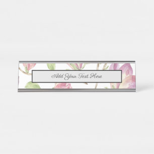 Waterverf Bloemen Roze Bloemistuin Groene Bladeren Bureau Naambordje