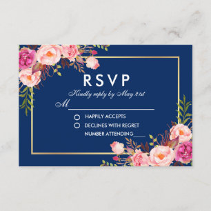 Waterverf Bloemen Roze Blush Blauw RSVP Bruiloft Kaartje